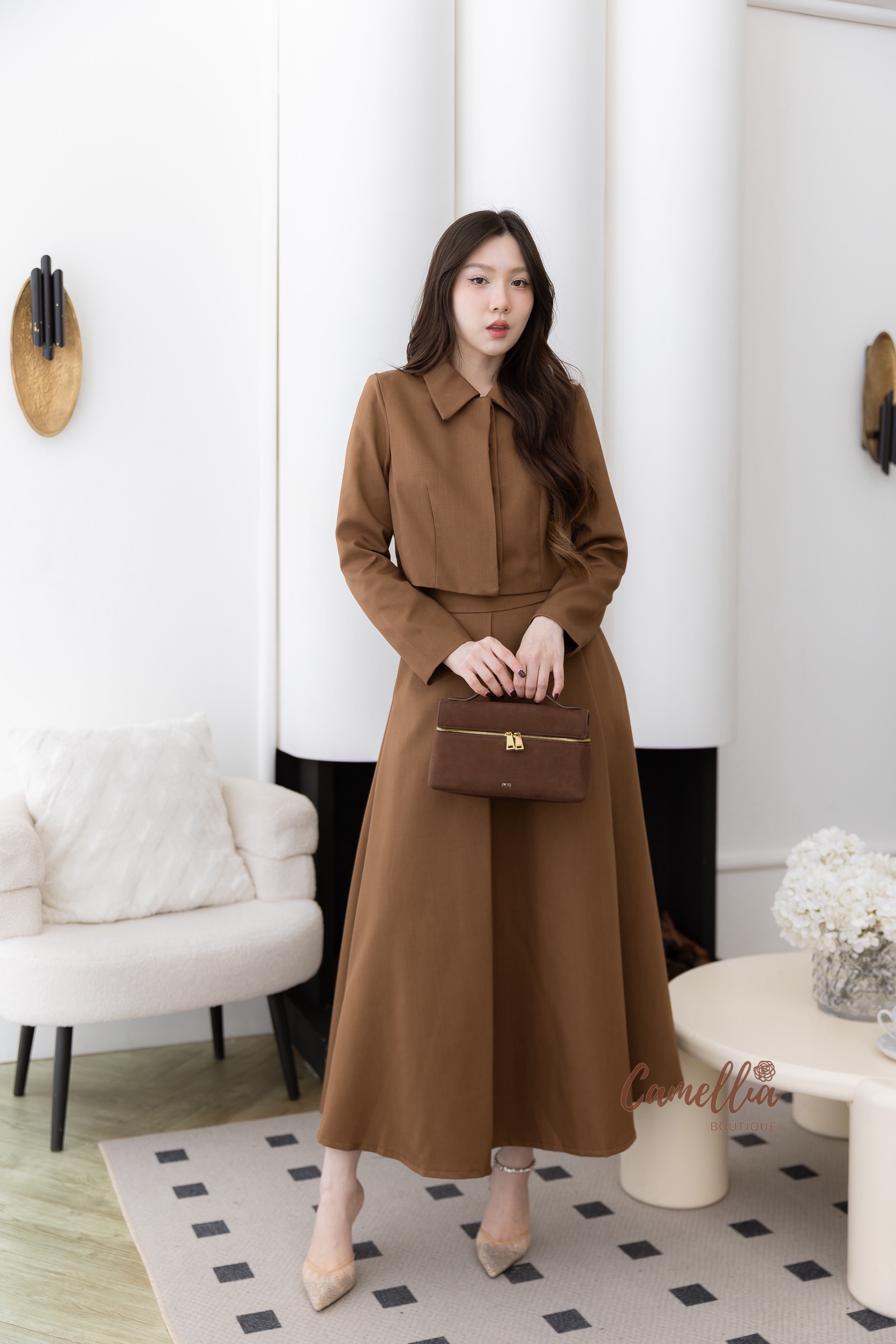 ชุดเซทแฟชั่น ชุดSet เสื้อเชิ๊ตแขนยาวกระดุมซ่อน + กระโปรงเอวสูงจับจีบด้านหน้า