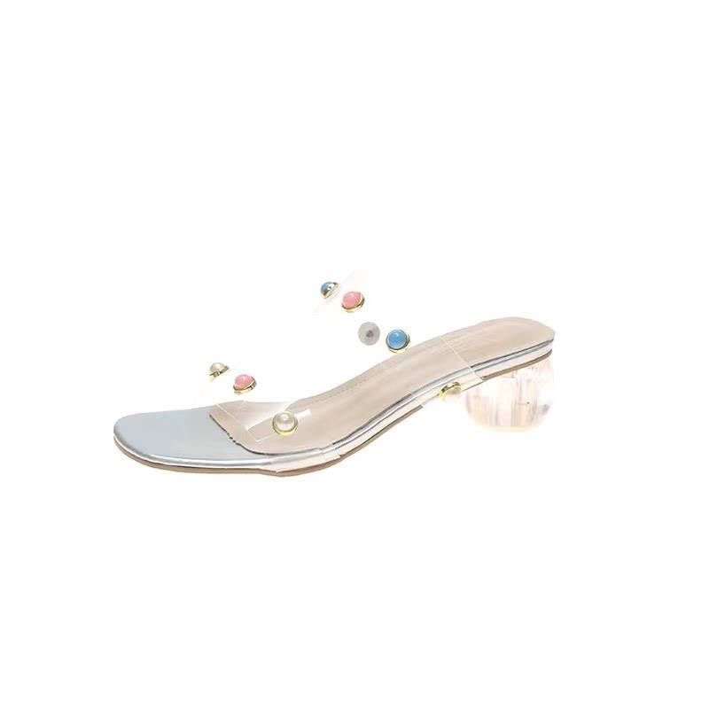 พร้อมส่งงานนำเข้า รองเท้าส้นอะคริลิคใสทรงกลม วัดสุพื้นPUคุณภาพดีสวม2ตอนซิลิโคนนิ่มตอกหมุดอะไหล่มุกสีหวานๆ