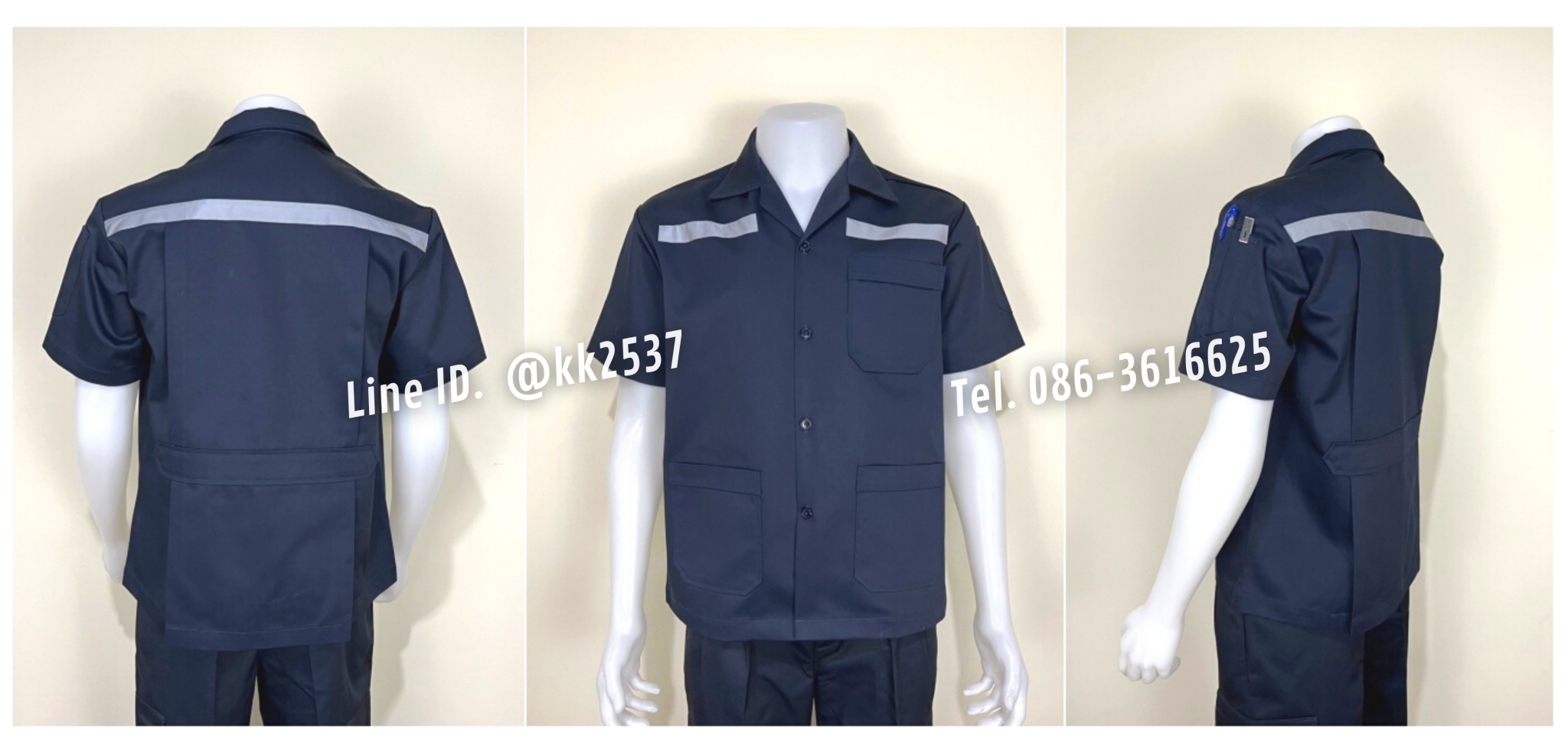 รหัส A 277 เสื้อช่างแขนสั้นแบบสามกระเป๋าสีกรมท่าติดสะท้อนแสง(สั่งตัด)
