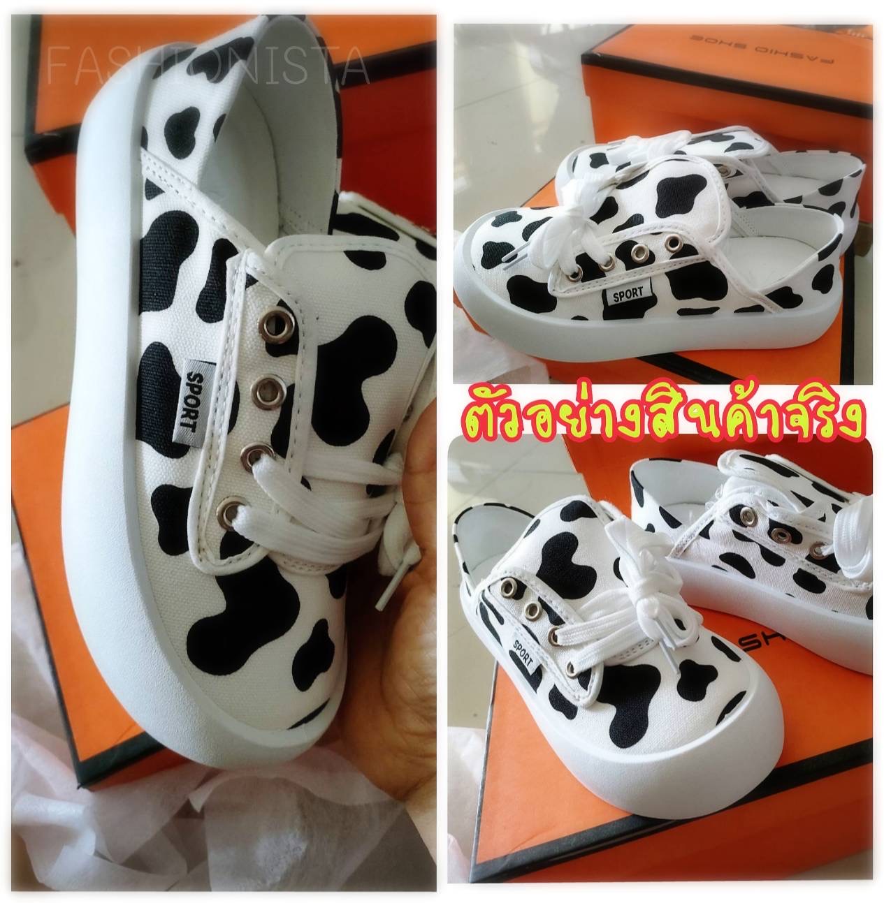 🐄🐮 💕ITEM SO CUTE💕 🐮🐄 สินค้ามาใหม่ พร้อมส่งค่ะ รองเท้าผ้าใบผูกเชือกสไตล์ญี่ปุ่น วัสดุผ้าแคนวาสเนื้อหนานุ่มลายวัวน้อยน่ารัก ดีไซน์เก๋ทรงพับส้นได้ พื้นขนมปังหนา 3.5 c.m. ใส่สบายไม่บีบหน้าเท้า งานตอกตาไก่แน่น ใช