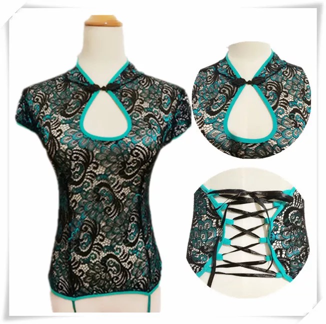 ชุดนอนเซ็กซี่ ชุดนอนกึ่งคอร์เซ็ต กี่เพ้าจีน ลายนกยูง สีเขียว +G-string+สายรัดถุงน่อง+ถุงน่องซีทรู ขอบนกยูงเขียว เข้าชุด สวยเปรี้ยวแซ่บ คะ