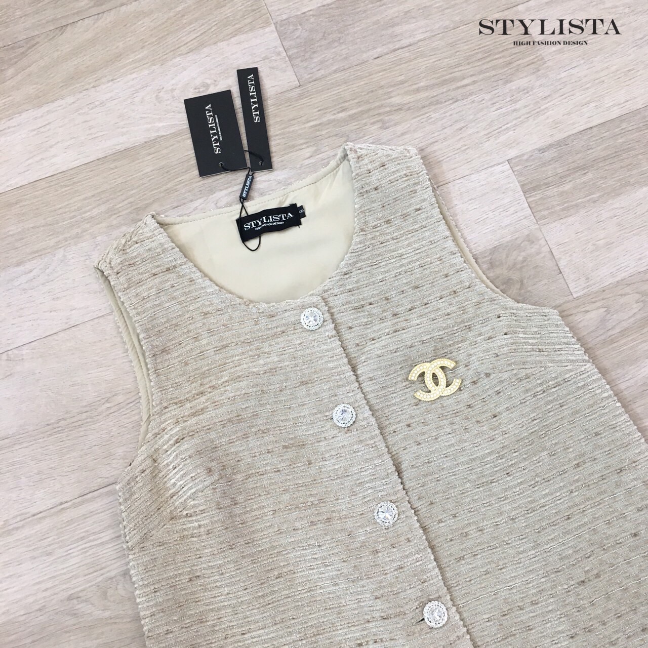 เดรสแฟชั่น เดรสผ้าทวีตสไตล์หรูหรา ติดกระดุมคริสตัล คลาสสิค