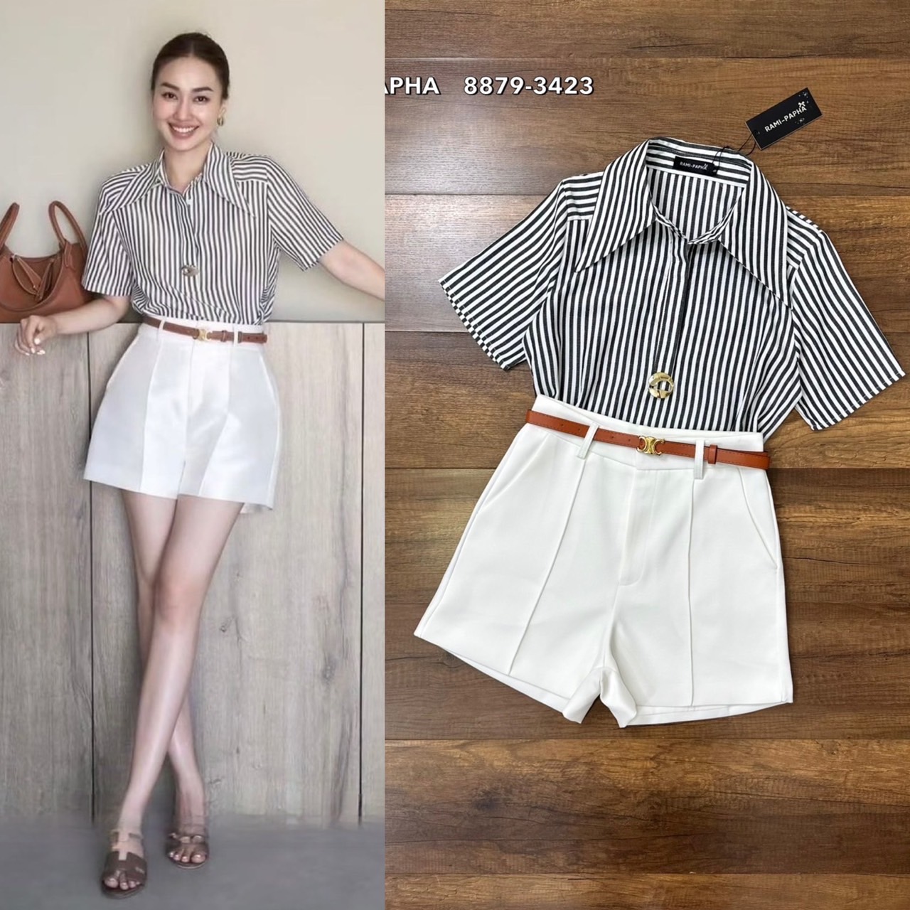 ชุดเซทแฟชั่น เซตส4ชิ้นสุดคุ้ม!! เสื้อเชิ้ตแขนสั้นคอปกเก๋ๆ ลายริ้วทางตรงสีสวยคลาสสิค