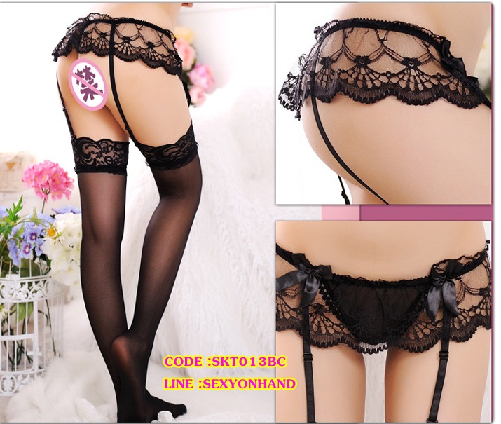 สายรัดถุงน่อง Stocking แต่งระบายลูกไม้ สีดำ พร้อมG-string ในตัว