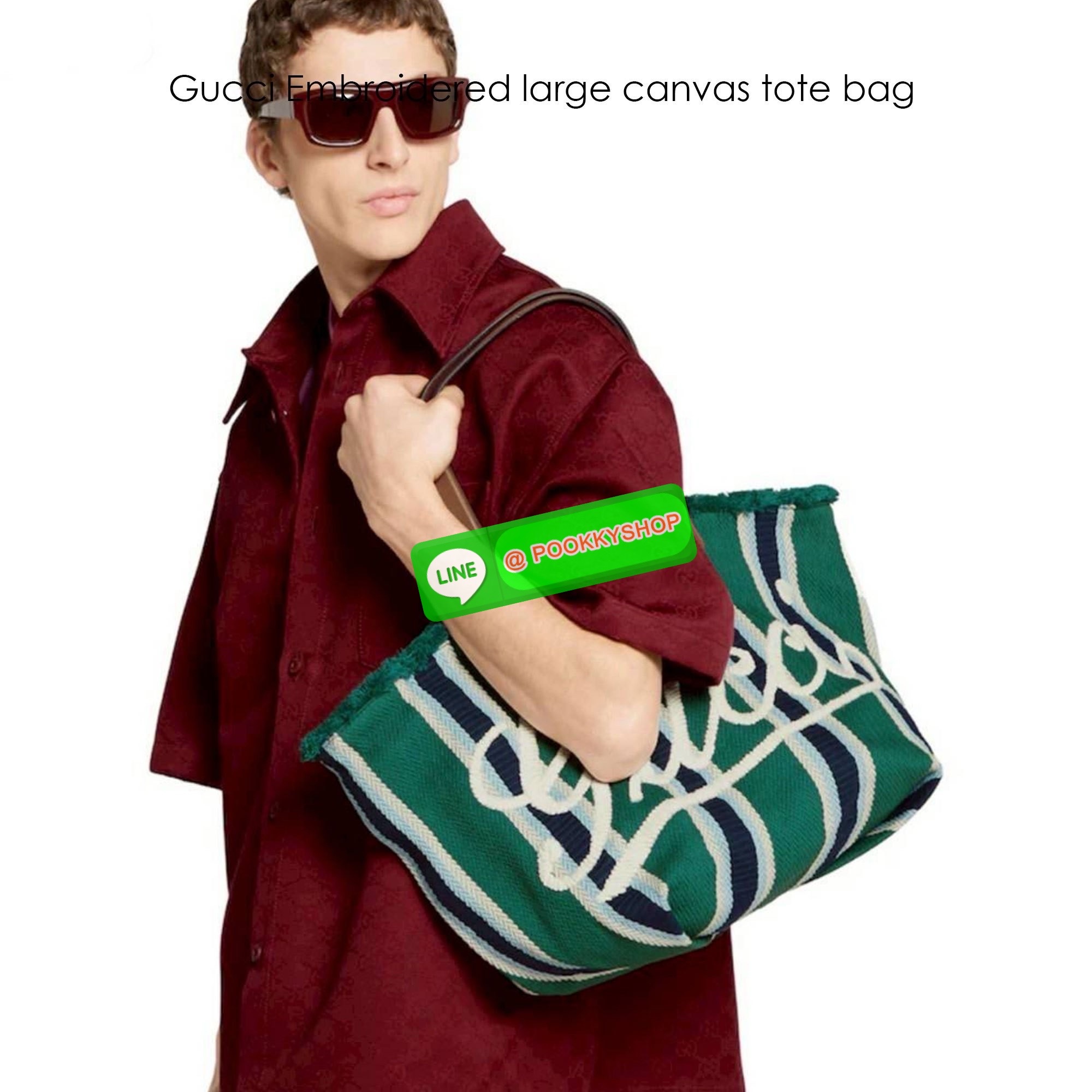 Gucci Embroidered large canvas tote bag Variation multicolor canvas กระเป๋าสะพายทรงโท้ทใบใหญ่ โดดเด่นผ้าแคนวาสฝ้ายลายทางสะดุดตา ตกแต่งด้วยงานปักลาย Gucci ด้านหน้า คอลเลคชั่นฤดูใบไม้ผลิ/ฤดูร้อน 2025 ภายในโล่งกว้าง จุของได้สบายๆ สะพายไปเที่ยว short vacation