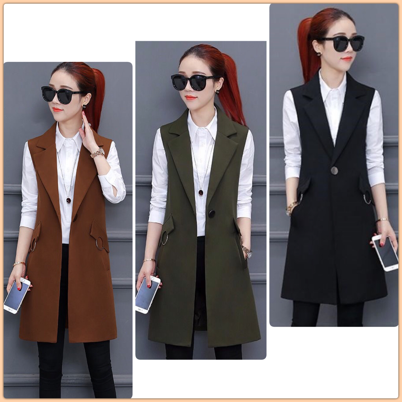 เสื้อสูทนำเข้า : เสื้อกั๊กสูทแฟชั่น เสื้อกั๊กแฟชั่น สีเขียว เสื้อสูทแขนกุด เนื้อผ้า Polyester งานสวย คุณภาพดี มีซับใน ใส่สบาย ทรงเนี๊ยบ งานสวยเหมือนแบบ 100 % ค่ะ คอปก ติดกระดุมเม็ดเก๋ รูปทรงสุดหรู ตัวยาวคลุมสะโพก ใส่ทำงานได้ หรือ ใส่เที่ยวก็เก๋ๆ มีกระเป๋า