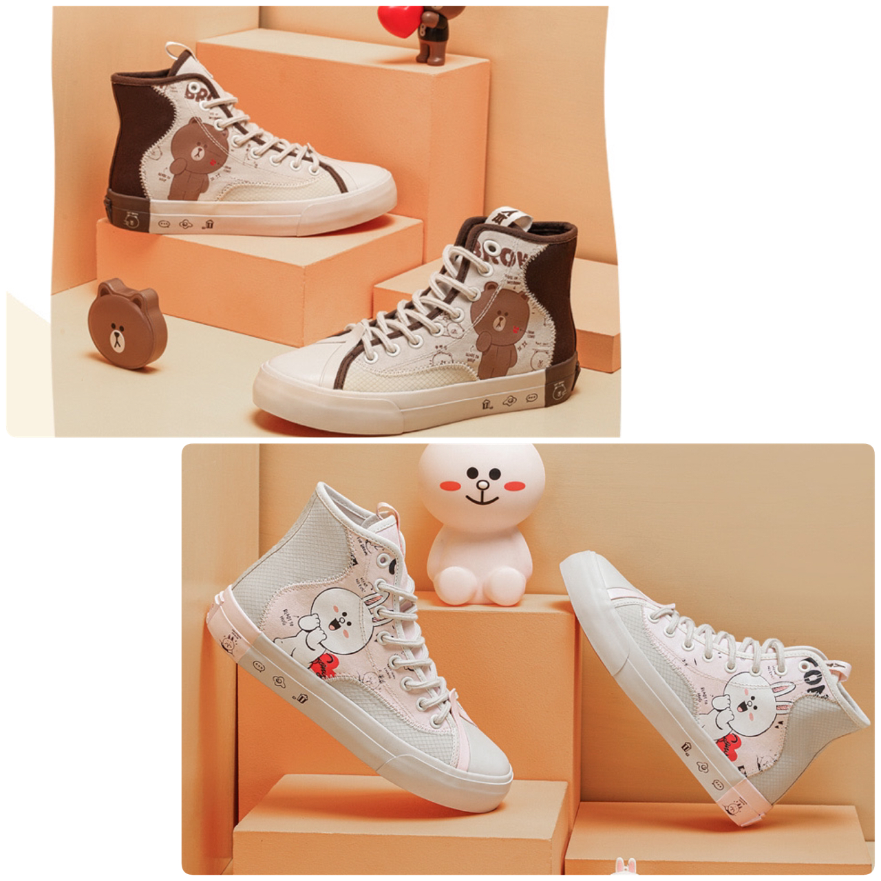 Line Friends รองเท้าผ้าใบหุ้มข้อ พื้นยาง สกรีนลายหมีบราวน์ โคนี่ น่ารัก พื้นนิ่มใส่สบาย