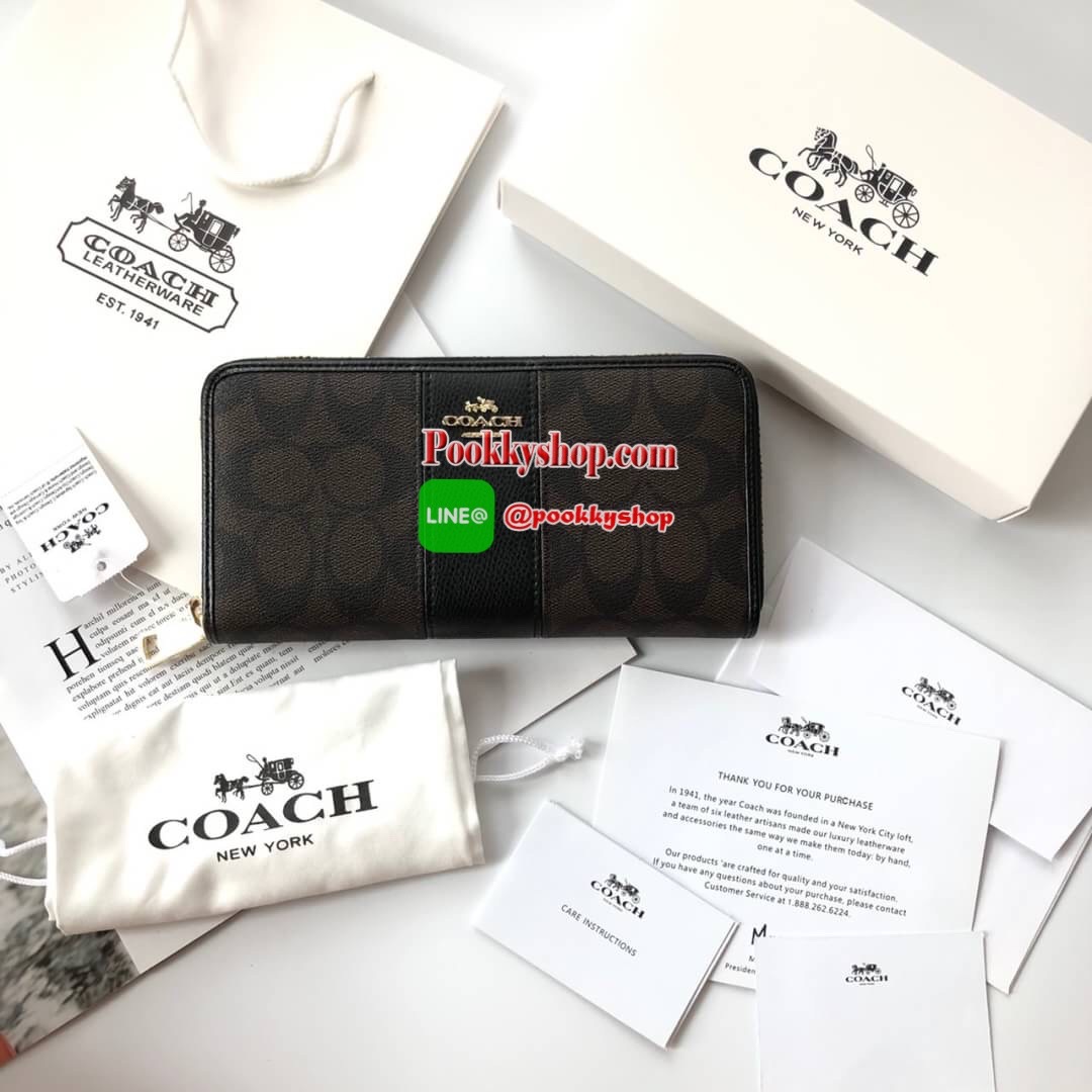 COACH Accordion Zip Wallet in Signature Coated Canvas with Leather กระเป๋าสตางค์ใบยาว เปิด-ปิดกระเป๋าด้วยซิปรอบ ด้านในมีช่องใส่บัตร ช่องใส่ธนบัตร และช่องซิปใส่เหรียญค่ะ