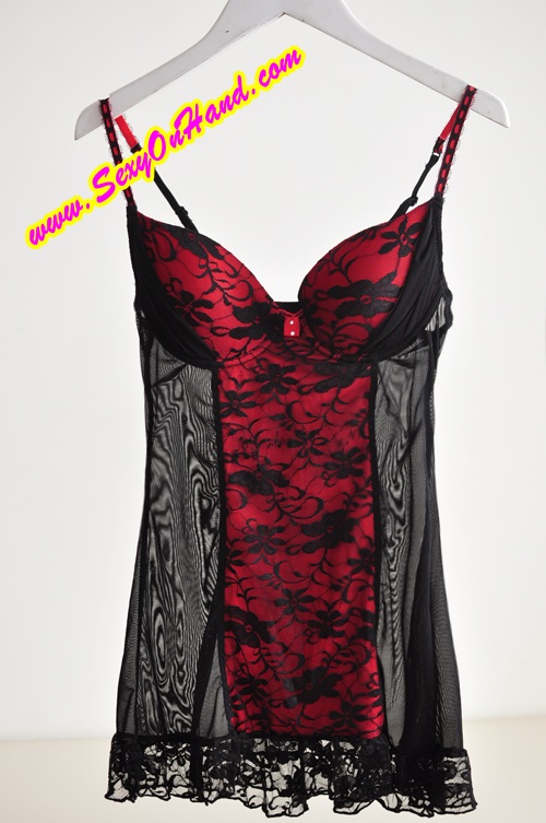 ชุดนอนเดรสสั้น ชุดนอนสายเดี่ยว สไตล์เดรสสั้น กึ่งคอร์เซ็ต แต่งลูกไม้สีดำ-แดง แต่งระบายชาย งานนอก ส่งญี่ปุ่น เกรดหรู เนี้ยบ