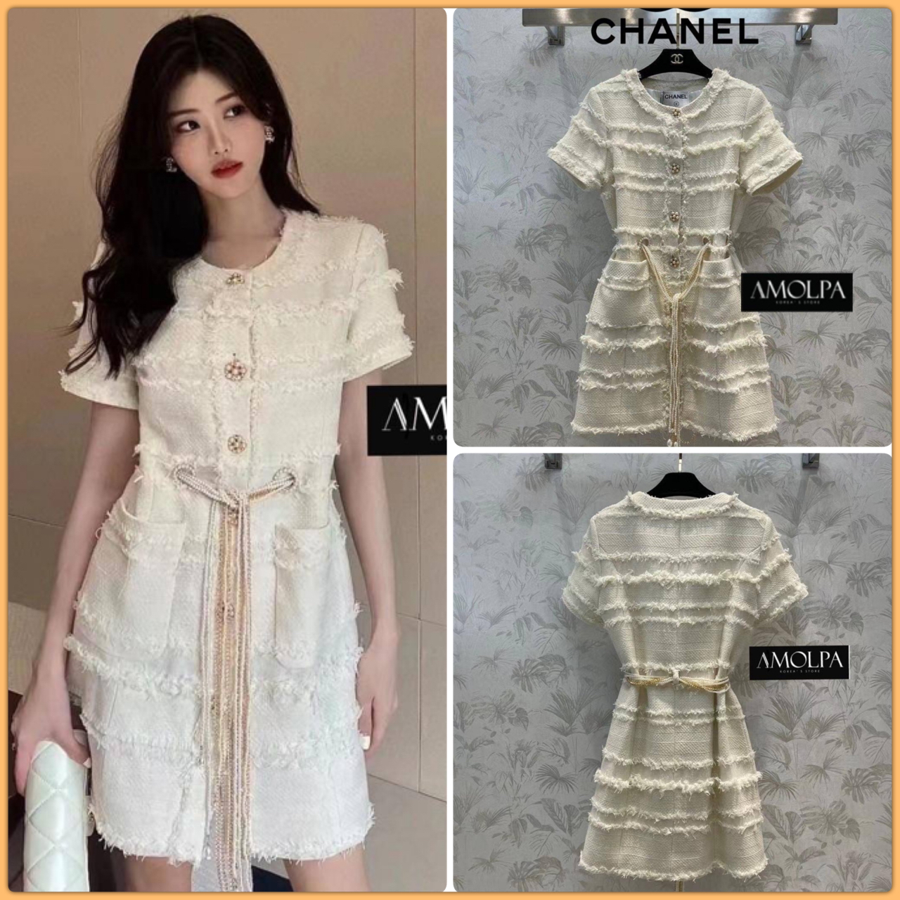 พร้อมส่ง !! DRESS CHANEL TWEED 2022SS ใหม่ล่าสุด งานสวยยตาแตกกค๊า กระดุมมุข ผ้าทวิตงานอย่างดี มาพร้อมสายเข็มขัดมุข กระดุมอย่างดี ใส่เข้ากันบอกเลยว่า สวยสุดๆ ห้ามพลาดเลยน๊า ป้าย Tag CHANEL