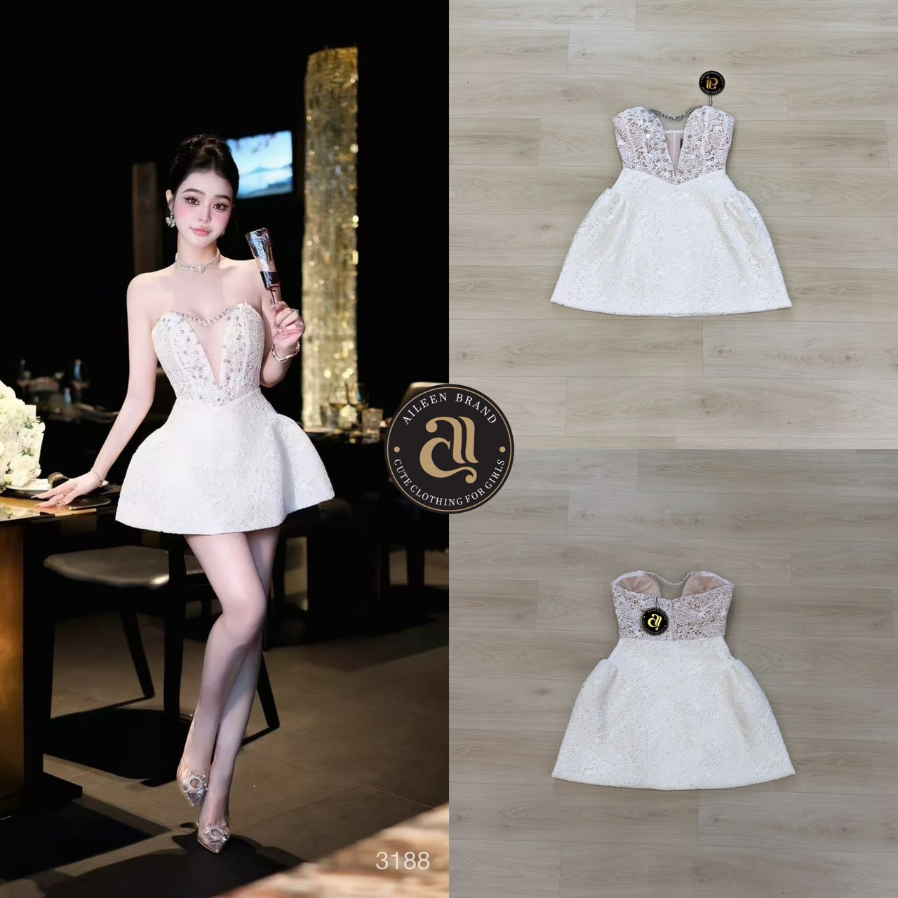 เดรสแฟชั่น มินิเดรสเกาะอกผ้าลูกไม้สีขาว อกเว้าตกแต่งด้วยผ้าตาข่าย