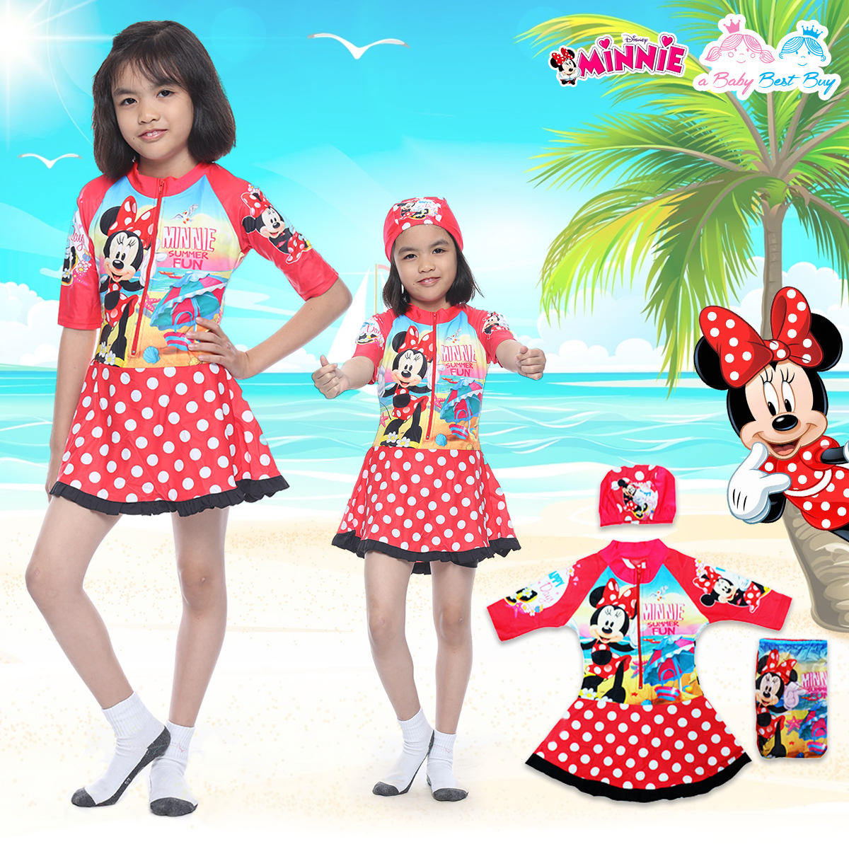 "( For Kids ) Swimsuit for Girls ชุดว่ายน้ำ เด็กผู้หญิง Disney Minnie Mouse บอดี้สูทเสื้อแขนยาว กระโปรงกางเกง มาพร้อมหมวกว่ายน้ำและถุงผ้า สุดน่ารัก ใส่สบาย ดิสนีย์แท้ ลิขสิทธิ์แท้