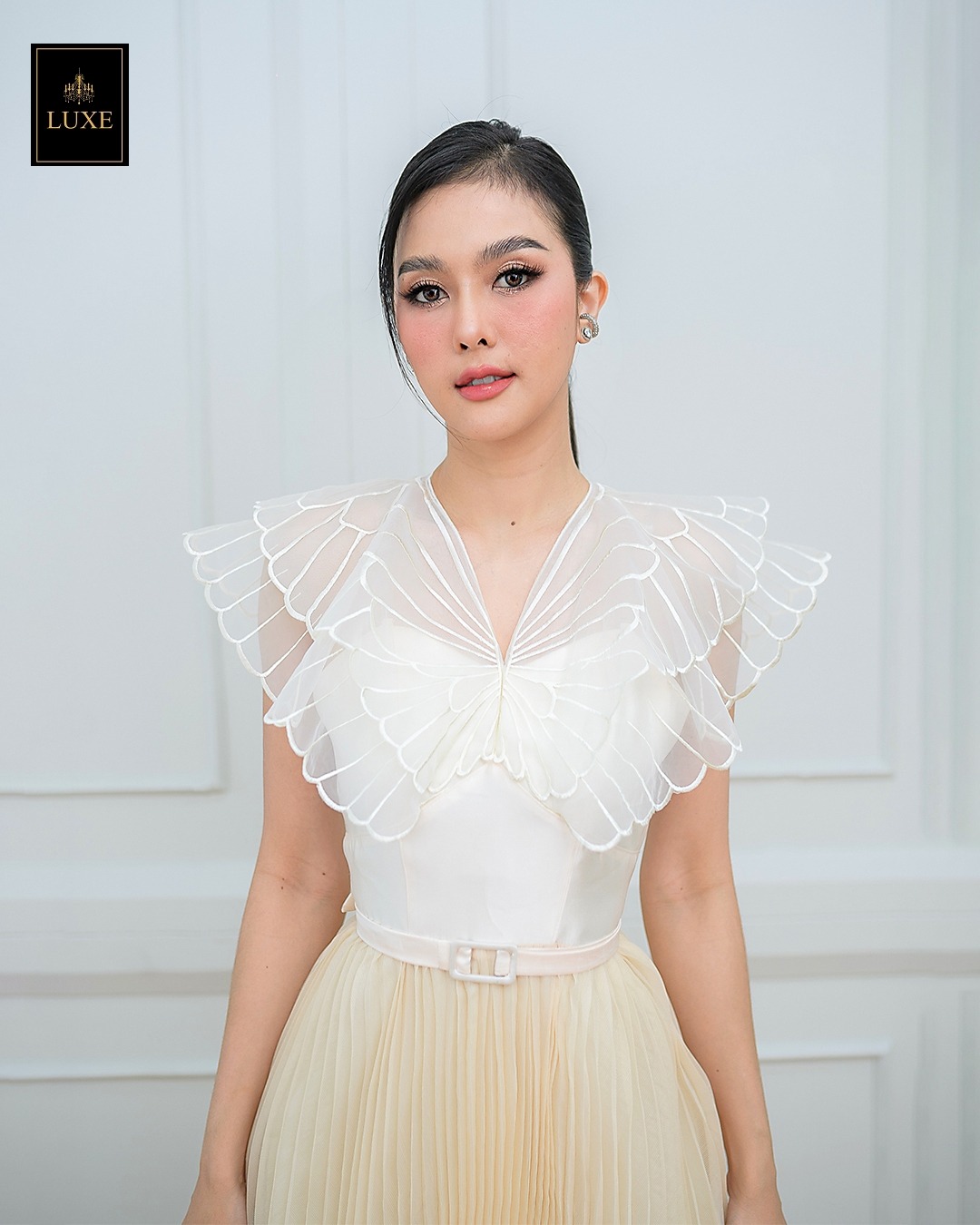 เดรสแฟชั่น เดรสเสื้อคอวีผ้าดัตเชสทวิล ปักลายผีเสื้อสีขาว กระโปรงผ้าออแกนดี้อัดพลีท