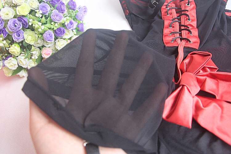 ชุดคอร์เซ็ต เดรสสั้น ชุดรัดทรง สไตล์คอร์เซ็ต แต่งริบบิ้นผูกหลัง สีดำ แต่งขลิบลูกไม้ส้ม มีดันทรงในตัว +สายรัดถุงน่อง Size M (B75 /C70) งานนอก สวยเทพเลยคะ