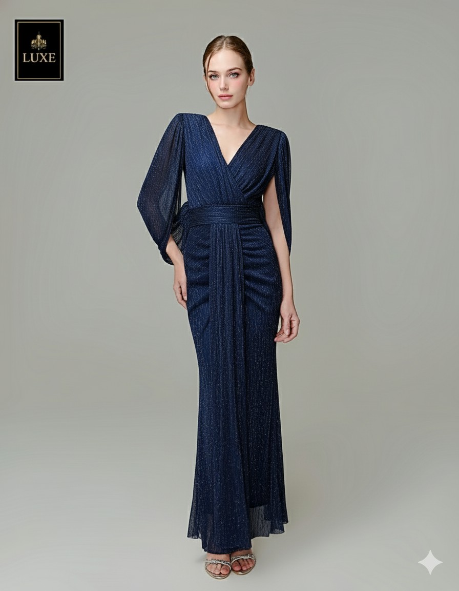 เดรสแฟชั่น แม็กซี่เดรสเสื้อคอวีคลุมแขน กระโปรงเข้ารูปตรงสะโพก