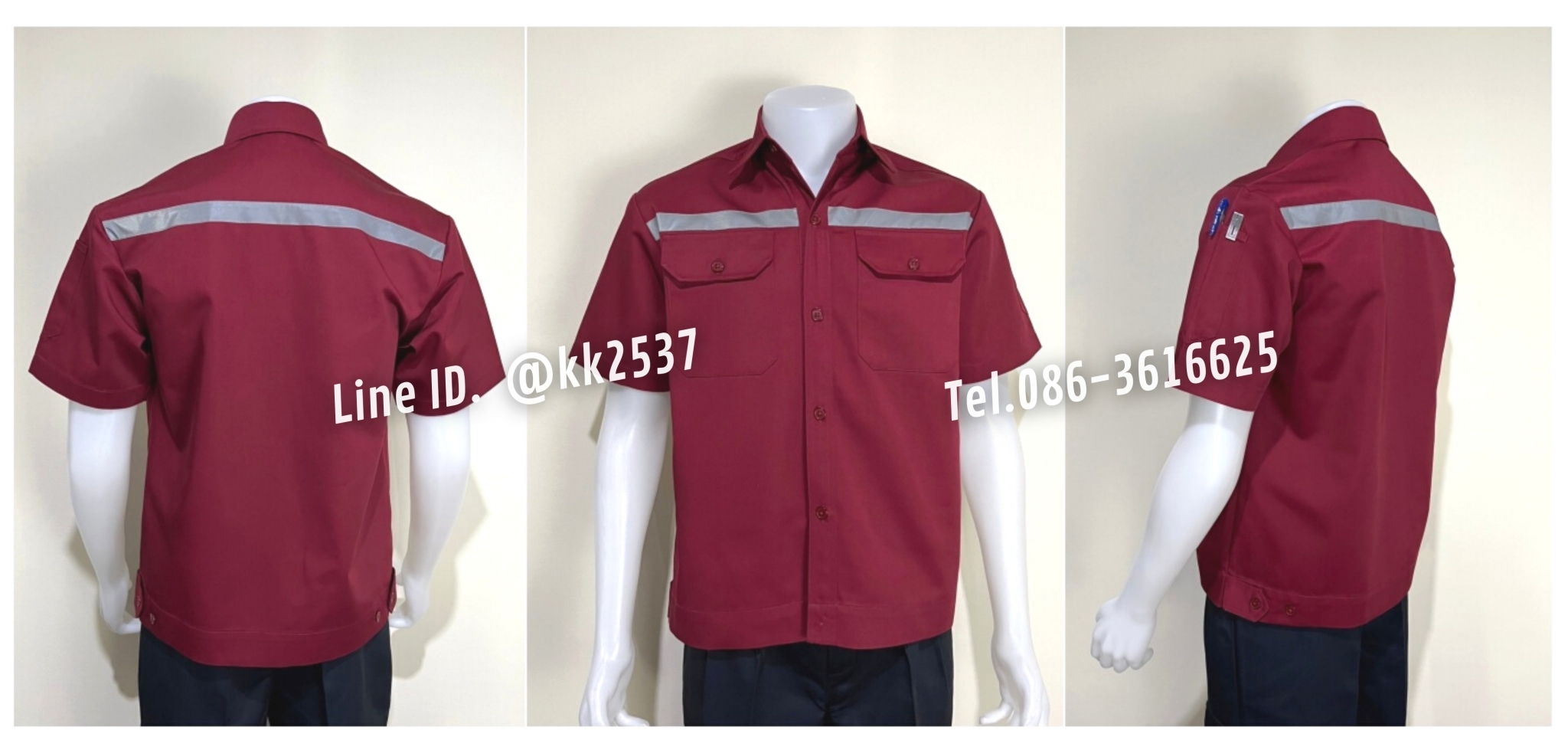 รหัส A 293 เสื้อช่างแขนสั้นแบบสองกระเป๋าที่อกสีเลือดหมูติดสะท้อนแสง(สั่งตัด)