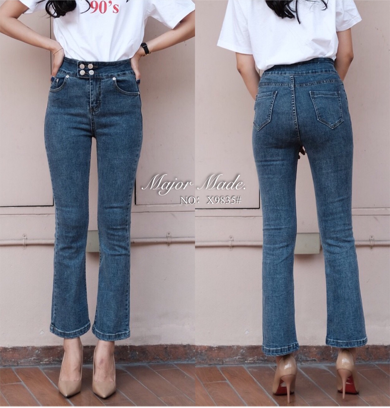 กางเกงแฟชั่น No.X9835 Korea denim high waist jeans กางเกงยีนส์ทรงขาบาน แต่งกระดุม 4 เม็ดขอบเอว