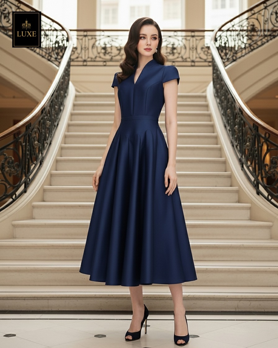 เดรสแฟชั่น เดรสเสื้อคอตั้ง แขนสั้น กระโปรงบาน