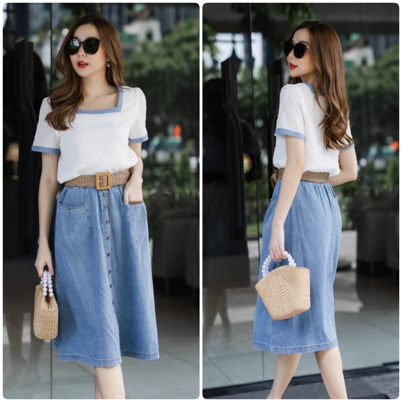 ❤️🔥lovely sis❤️🔥 ชุด Set 3 ชิ้น เสื้อสีขาวงานผ้ามีทำ texture เป็นลายสี่เหลี่ยมมีซับในแต่งกุ๊นคอแขนด้วยผ้ายีนส์ฟอก มาพร้อมกระโปรงยีนส์เอวสม็อคยางยืดแต่งกระดุมหลอกเรียงด้านหน้า มีกระเป๋าสองข้าง และเข็มขัดสายแยกชิ้น งานสวยใส่ออก