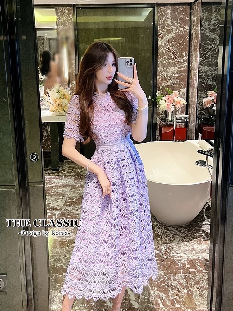 เดรสแฟชั่น เดรสลูกไม้ยาวคอปีนใช้ผ้าลูกไม้เนื้อแน่นอย่างดี ขึ้นลวดลายรอบตัว