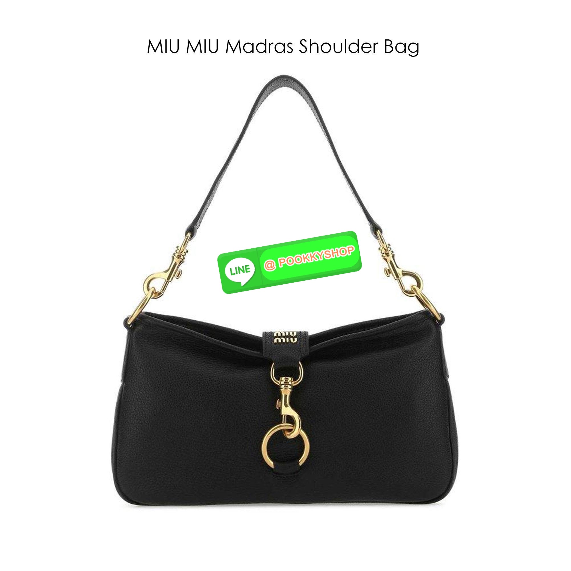 MIU MIU Madras Shoulder Bag กระเป๋าสะพายไหล่ทรงเก๋เรียบหรูดูแพงดูลัคชู ดีไซน์ใช้งานง่าย โดดเด่นด้วยห่วงเกี่ยวด้านหน้าสีทอง ประดับโลโก้สวยหรู คอลเลคชั่นตัวแม่ พร้อมสายสะพายข้าง ใช้งานได้หลากหลายสไตล์มากๆ ภายในเป็นช่องโล่งจุของได้เยอะ สะพายไปทำงาน ไปเรียน ไ