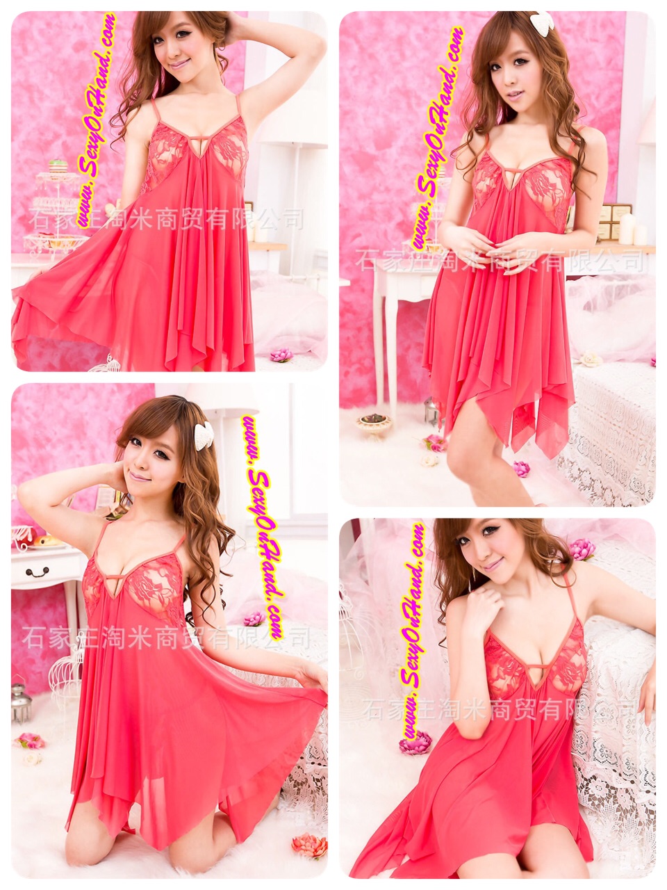 ชุดนอนเซ็กซี่ ชุดนอนซีทรู สีแดงแตงโม (แดงอมส้ม) แต่งซีทรูลูกไม้ช่วงอก ชายเล่นระดับ แต่งสายผูกด้านหลังเพิ่มความเย้ายวน เนื้อผ้าทิ้งตัว สวยหรู +G-string