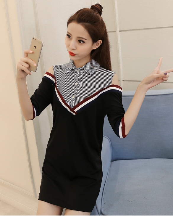 KTFN เดรสแฟชั่นเกาหลี โชว์ไหล่ คอปกมีกระดุม สีดำ+ลายริ้ว