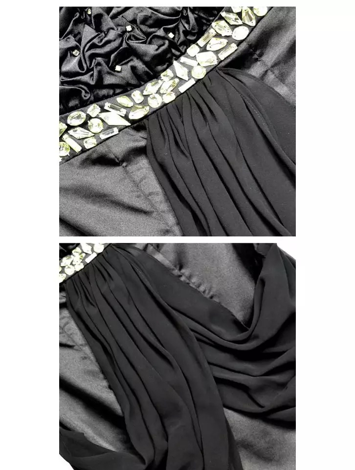 ขุดเดรสผ้าไหม เดรส สั้นผ้าไหม สีดำ แต่งผ้าชีฟอง ปักเพชรช่วงเอว แต่งผ้าชีฟอง สวยหรู แบรนด์เนม GUISY แท้100% size:M/L