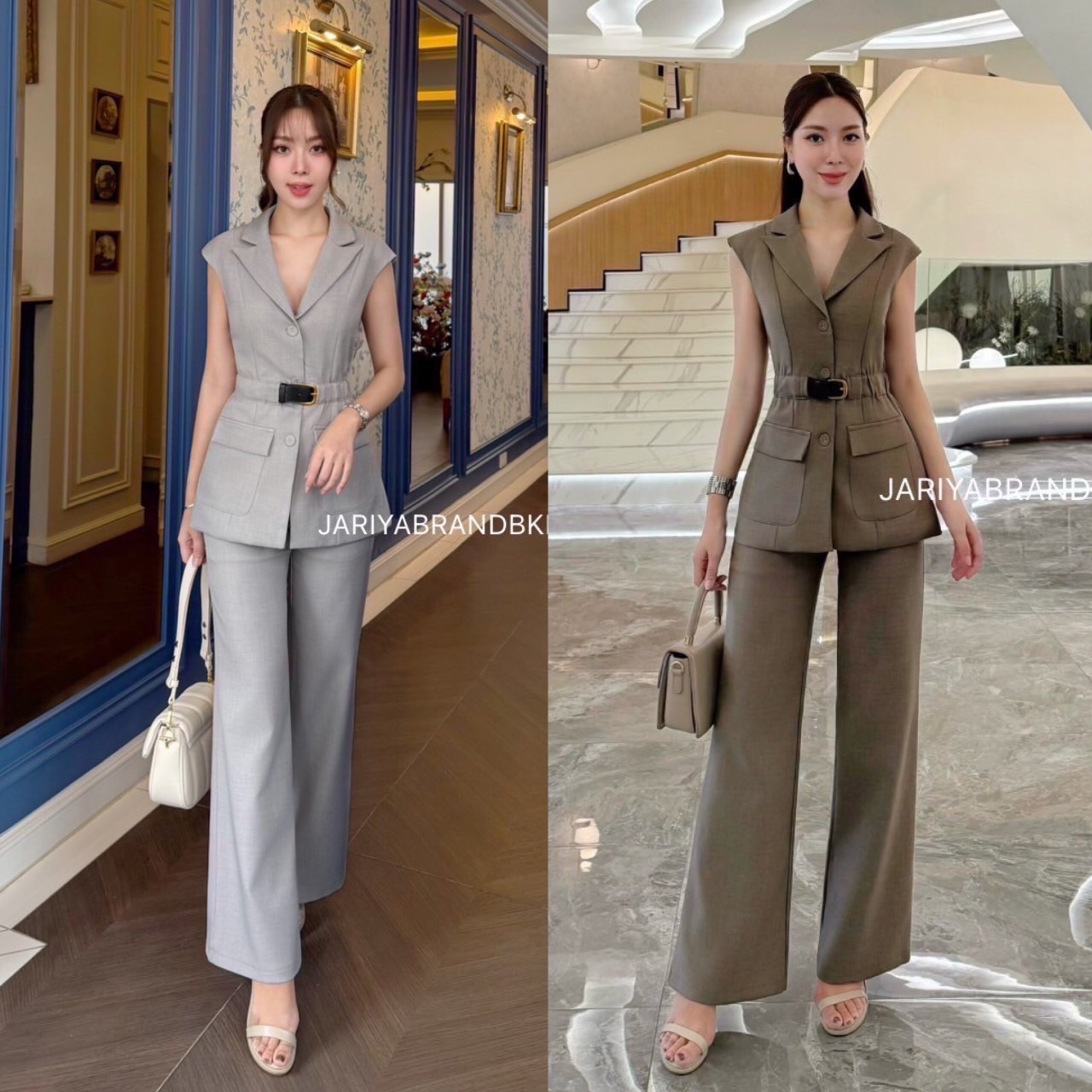 ชุดเซทแฟชั่น ชุดset 2ชิ้น(ผ้าทวิส) เสื้อคอปกแขนกุดมาพร้อมเข็มขัดและกางเกงเอวสูงขายาวทรงกระบอก