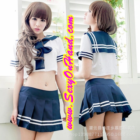 ชุดคอสเพลย์ แฟนซี ชุดนักเรียนญี่ปุ่น เซ็กซี่ เอวลอย ปกทหารเรือ ปกเนตรนารีแต่งขลิบ และริบบิ้นผูกด้านหน้า กระโปรงอัดกลีบสีน้ำเงินกรมท่า แต่งขลิบชาย แบบเซ็กซี่ สุดๆไปเลยจร้า