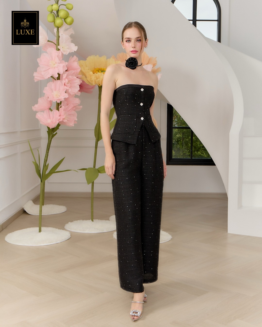 ชุดเซทแฟชั่น เซ็ตเสื้อเกาะอกทรงหลวม+กางเกงเอวสูงขากระบอกกว้าง