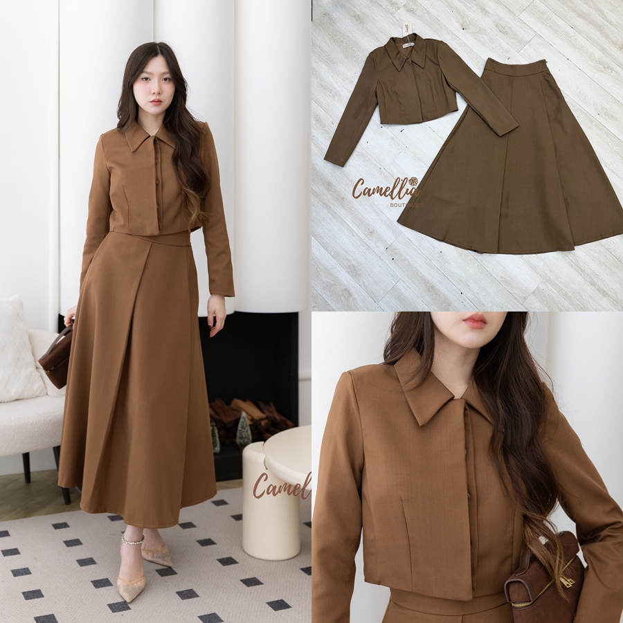 ชุดเซทแฟชั่น ชุดSet เสื้อเชิ๊ตแขนยาวกระดุมซ่อน + กระโปรงเอวสูงจับจีบด้านหน้า