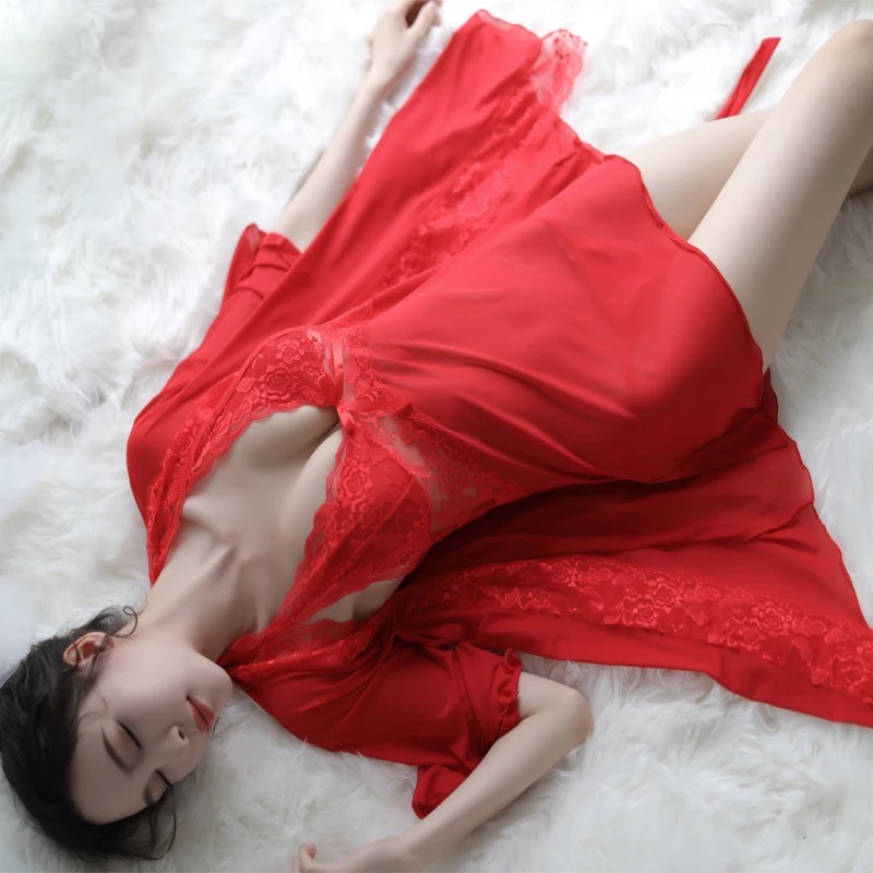 เซ็ทชุดคลุมนอน เซ็ดชุดนอน สายเดี่ยว+ชุดคลุมนอน ซีทรูสีนูทพีช แต่งลูกไม้ สวย หรู งาน เซ็กซี่มากๆคะ สำเนา