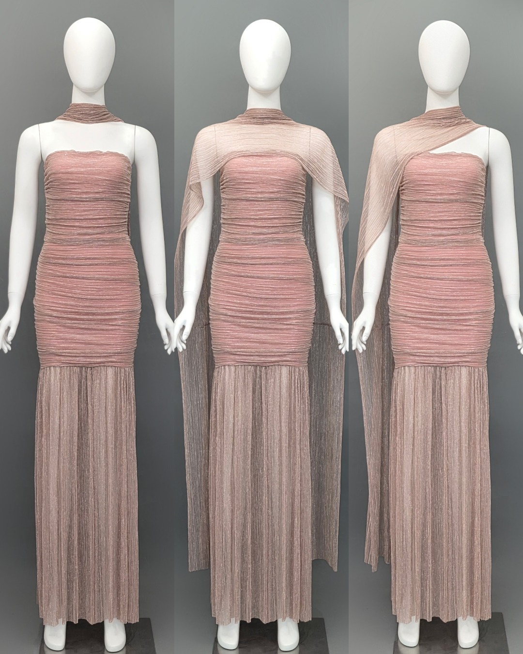 เดรสแฟชั่น เดรสเสื้อเกาะอกทรงเข้ารูป กระโปรงต่อชายระบาย ผ่าหน้า มาพร้อมผ้า mmคลุมไหล่