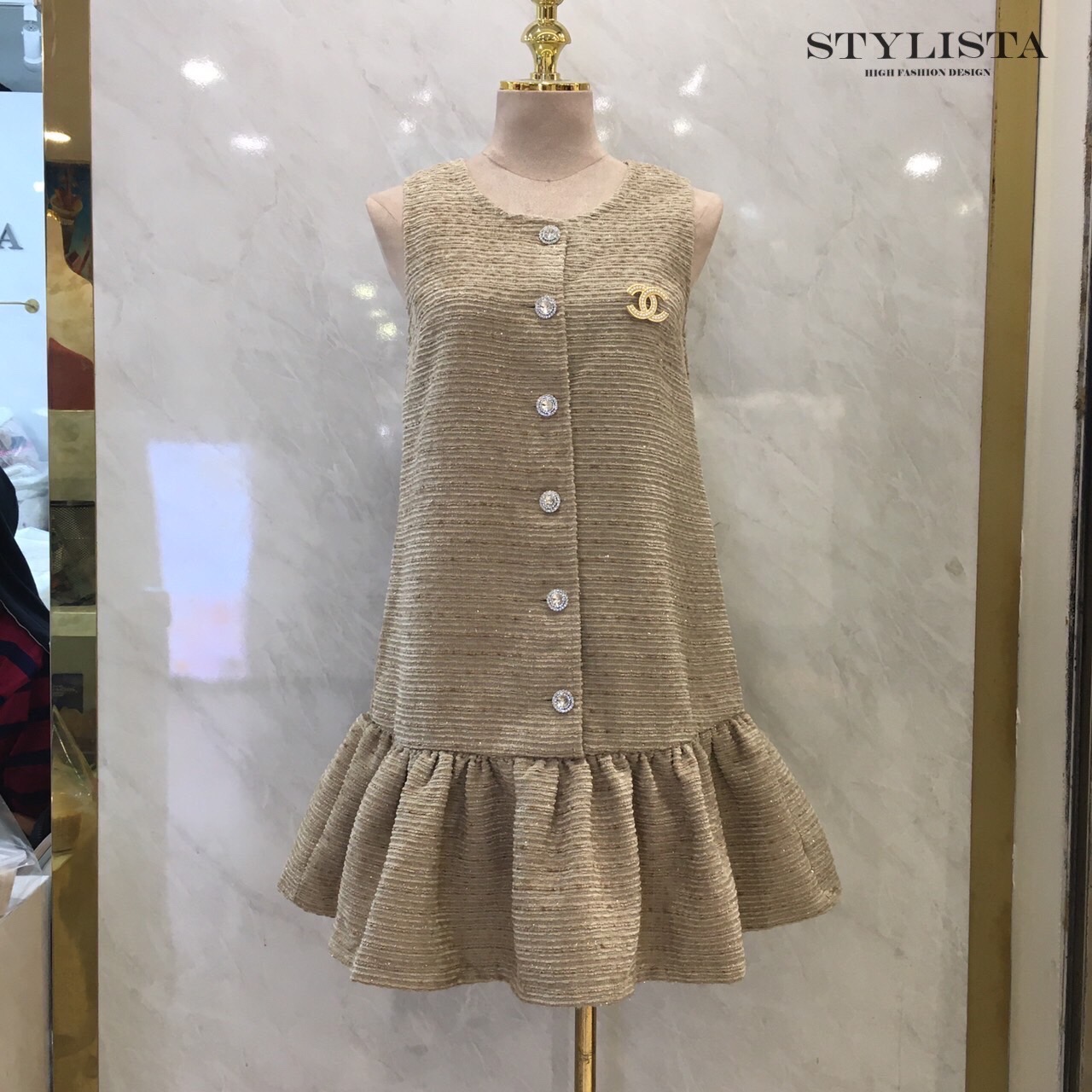 เดรสแฟชั่น เดรสผ้าทวีตสไตล์หรูหรา ติดกระดุมคริสตัล คลาสสิค