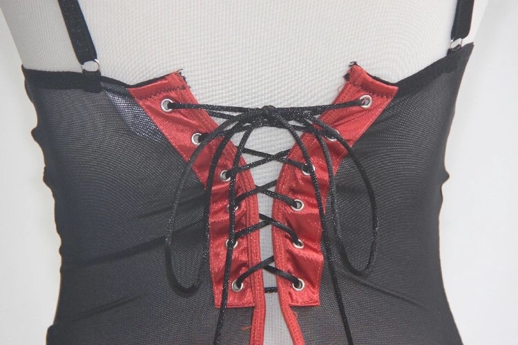 ชุดคอร์เซ็ต เดรสสั้น ชุดรัดทรง สไตล์คอร์เซ็ต แต่งริบบิ้นผูกหลัง สีดำ แต่งขลิบลูกไม้ส้ม มีดันทรงในตัว +สายรัดถุงน่อง Size M (B75 /C70) งานนอก สวยเทพเลยคะ