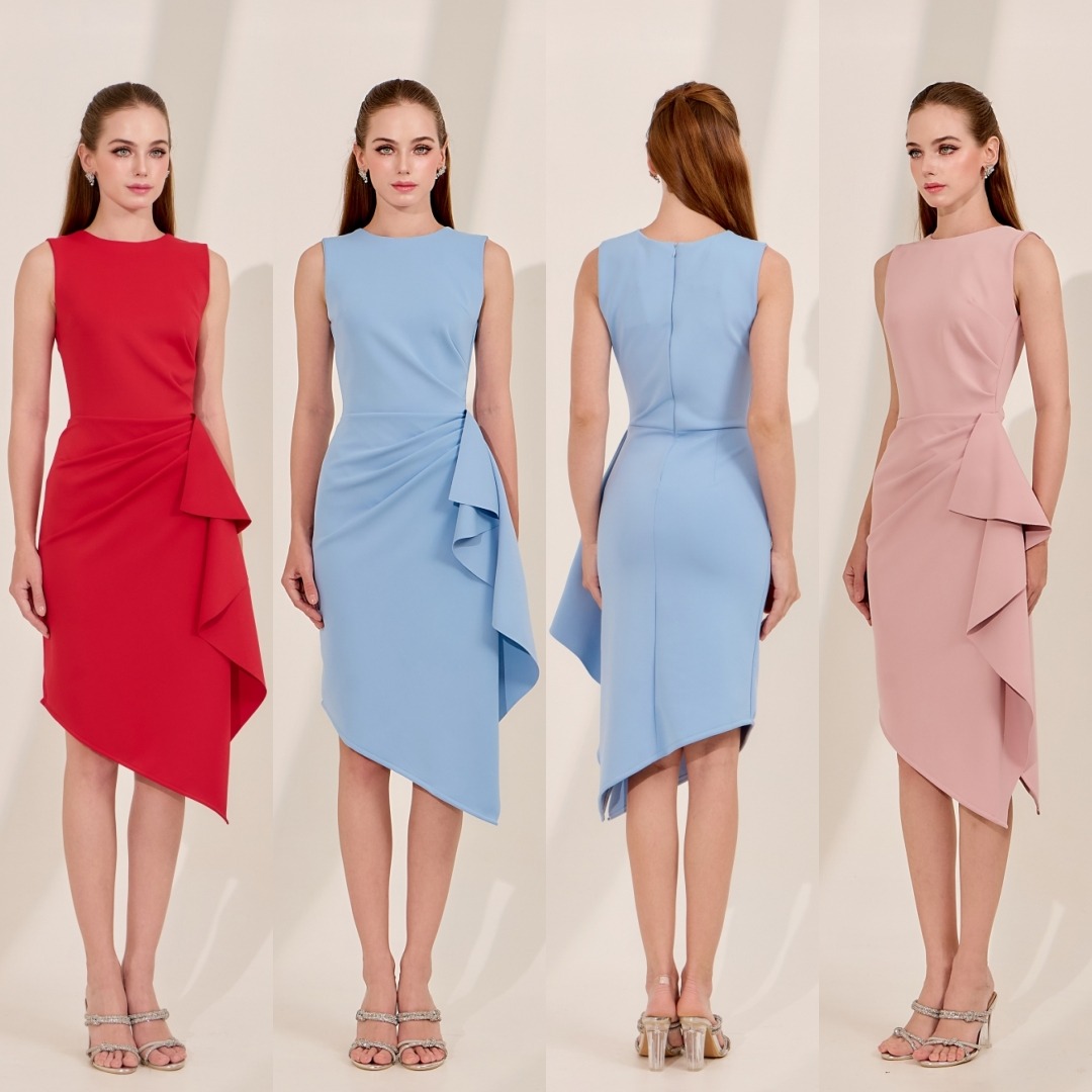 เดรสแฟชั่น เดรสเสื้อคอกลมแขนกุด กระโปรงทรงสอบ แต่งระบายข้าง ปลายเฉลียง