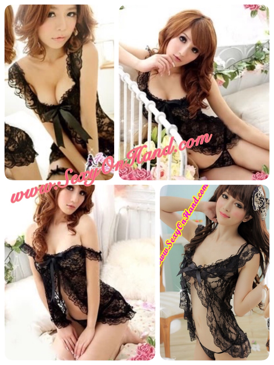 ชุด นอน เซ็กซี่ ชุดคลุม ลูกไม้ ชุดคลุมซีทรู ลูกไม้ ดำ แบบผูกริบบิ้น ผ่าหน้า แต่งระบายขอบทั้งตัว สวย เซ็กซี่ คะ +G string ลูกไม้ เข้าชุด