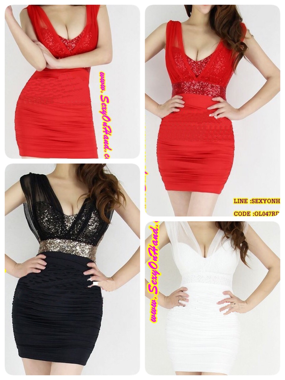 ชุด ปาร์ตี้ ชุดเที่ยว ชุดออกงาน เดรสสั้น คอวี แต่งเลื่อมทอง เกาะอกด้านใน เดรสเข้ารูป สีแดงด้านข้างเย็บสม็อคเพิ่มความเข้ารูป สวยเปรี้ยว เริ่ดมากคะ