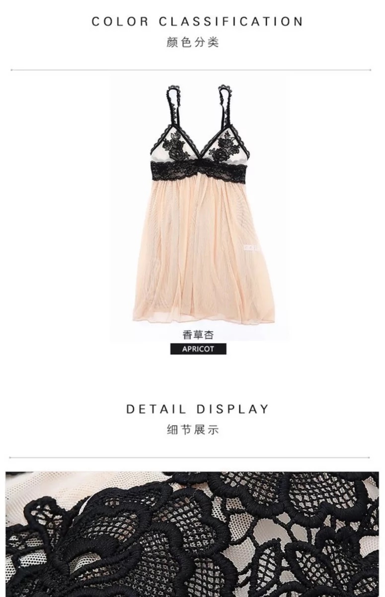 ชุดนอน เดรสซีทรู สีพีชอ่อน แต่งลูกไม้ปักสีดำ งานสวย เนื้อผ้าทิ้งตัว หรูมากคะ