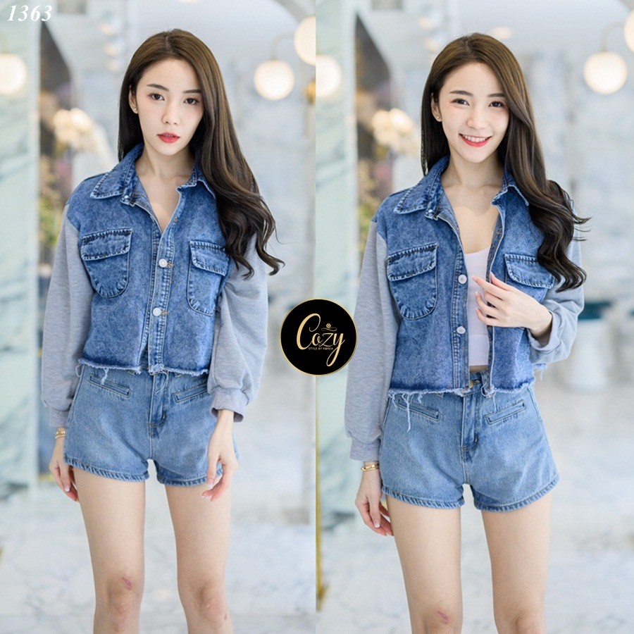 เสื้อแฟชั่น เสื้อครอปยีนส์ฟอกต่อแขนผ้ายืดสีเทาแขนยาวจั๊มปลายแขน กระเป๋าหน้าอก 2 ข้าง