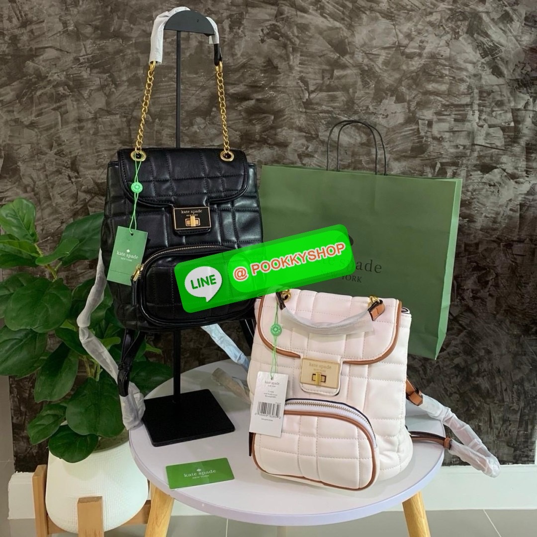 KATE SPADE NEW YORK Evelyn Small Quilted Leather Backpack กระเป๋าเป้สะพายหลังไซต์เล็กสุดคิ้ว หนังนิ่มสุดๆเย็บลวดลายตารางทั้งใบ ด้านหน้าตกแต่งต้วยชื่อแบรนด์ มีช่องเล็ก 1 ช่อง เปิด-ปิดกระเป๋าด้วยตัวล็อค ด้านในตัวกระเป๋าโล่งกว้าง จุของได้เยอะ และมีช่องซิปใส่