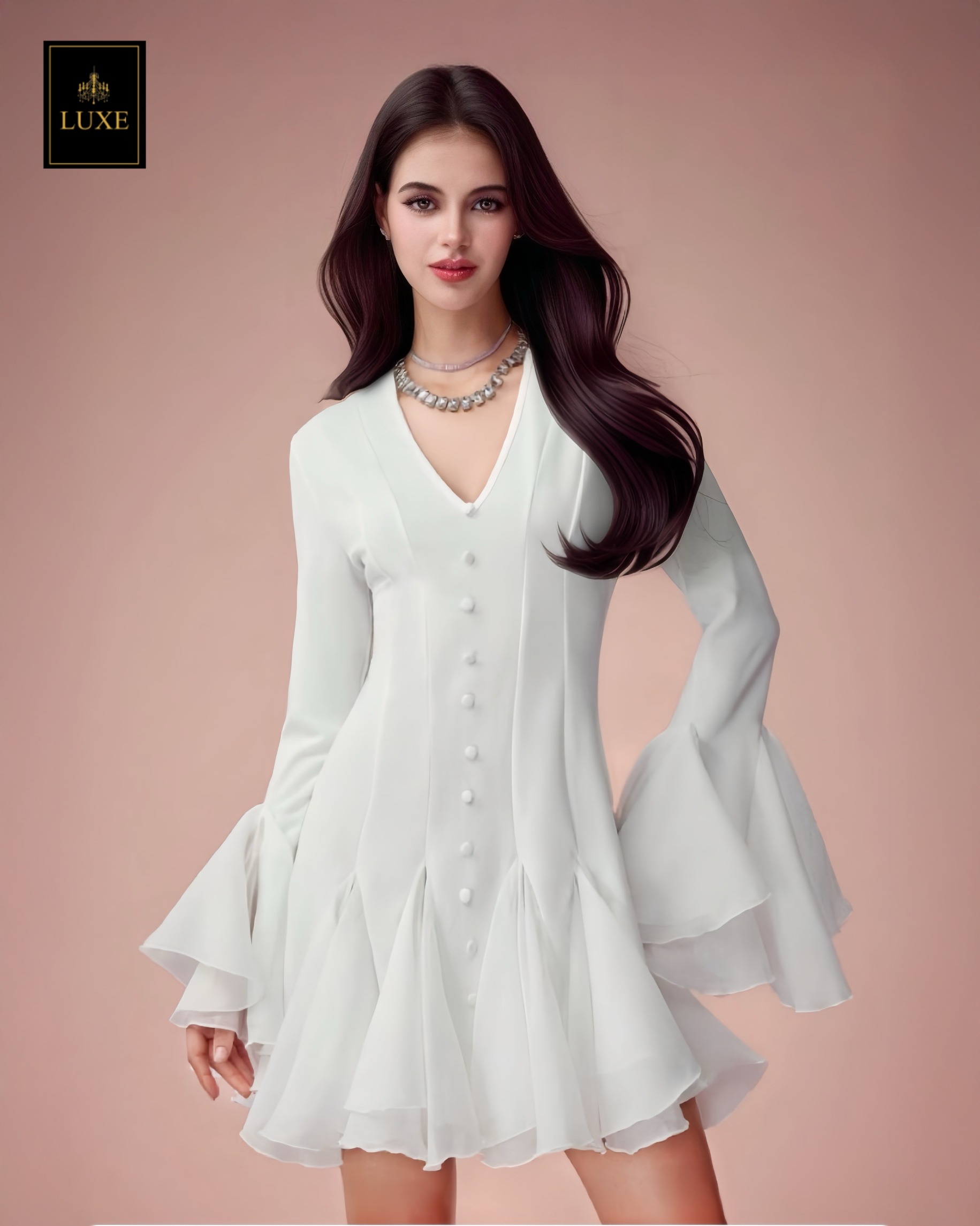 เดรสแฟชั่น ดีเทลปลายแขน และชายกระโปรงต่อผ้า แต่งระบายรอบ ด้านหน้าติดกระดุมปั๊ม