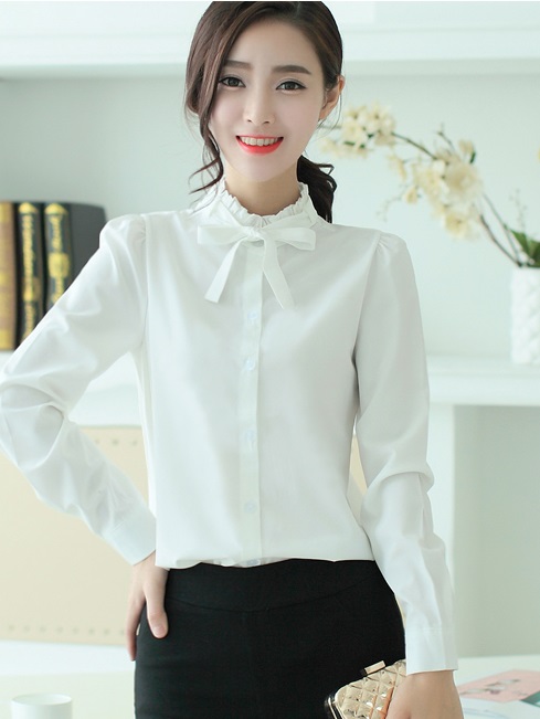 เสื้อแฟชั่นแขนยาว คอระบาย มีสายผูกโบว์ C02 สีขาว (ไม่มีสายโบว์ค่ะ)