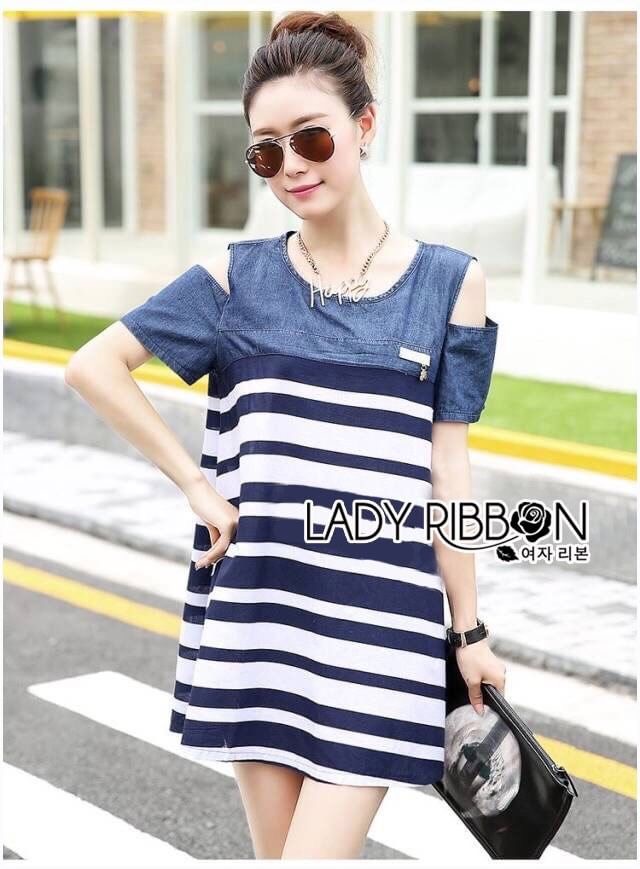 Lady Ribbon's Made Lady Rita Casual Style Cut-Out Denim เดรสผ้าเดนิมตัดต่อผ้าคอตตอนลายขวางสุดเก๋