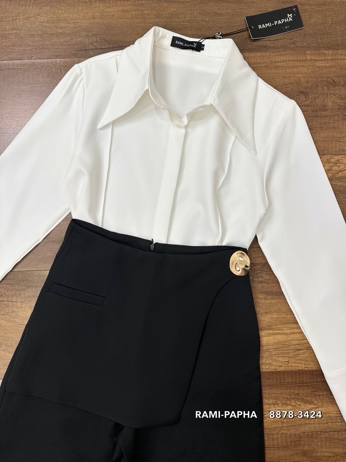 ชุดเซทแฟชั่น เสื้อเชิ้ตคอปกดีไซน์เก๋ ด้านหน้ากุ๊นเป็นเส้นตรง กระดุมซ่อนด้านหน้าใช้งานได้จริง