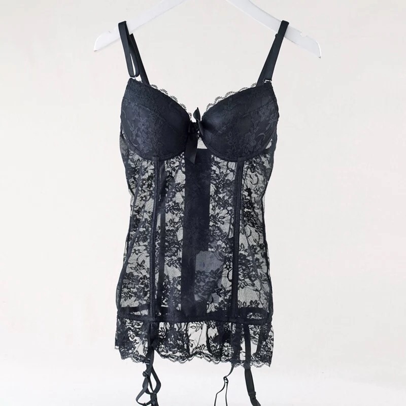 ชุดนอนเดรสสั้น ชุดนอนสายเดี่ยว สไตล์เดรสสั้น กึ่งคอร์เซ็ต ผ้าลูกไม้ซีทรูสีดำ แต่งระบายชาย+สายรัดถุงน่อง สินค้าเกรดส่งออกญี่ปุ่น เกรดหรู เนี้ยบมากคะ Size B80/C75