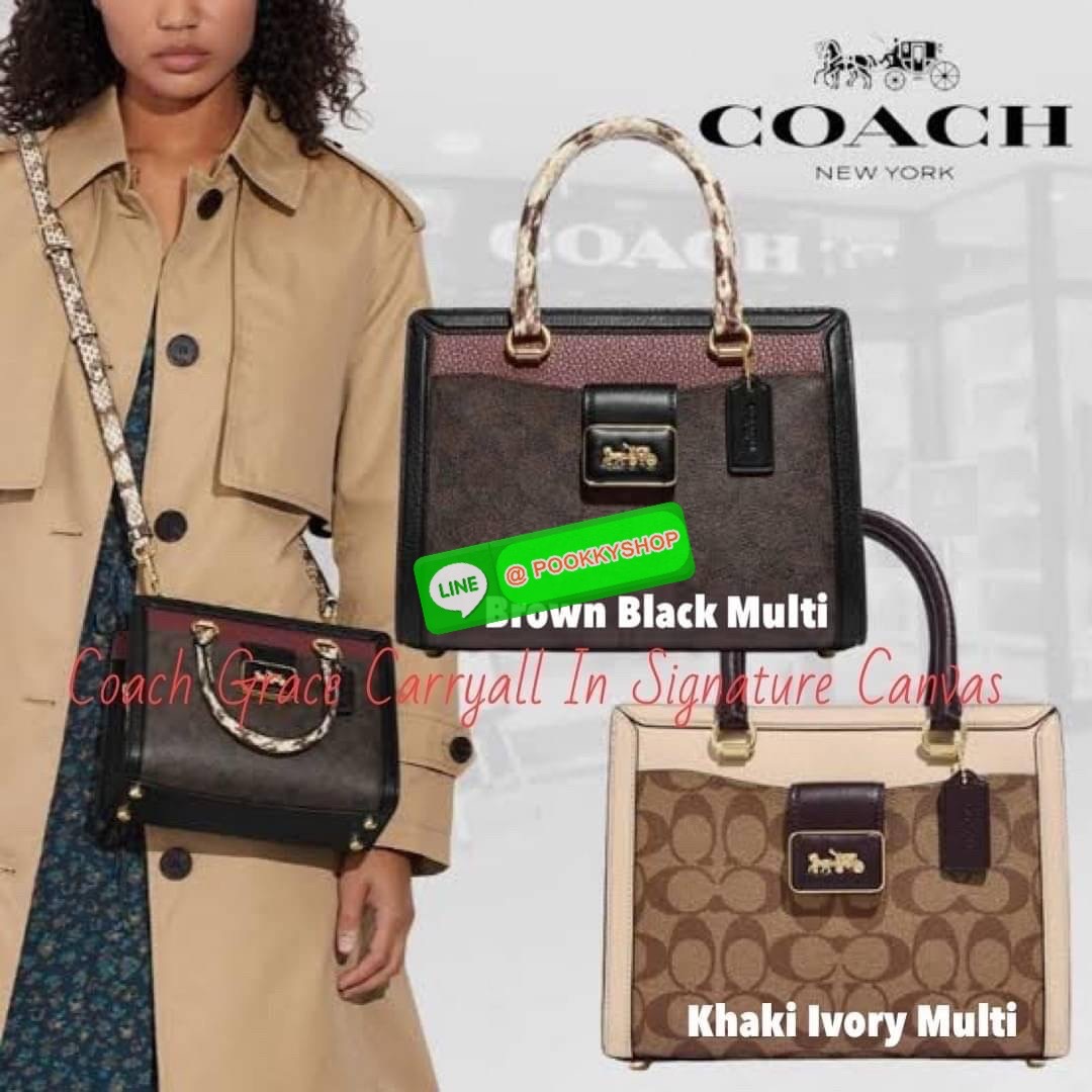 Coach Grace Carryall In Signature Canvas กระเป๋ารูปทรงสี่เหลี่ยมสุดคลาสสิก เป็นกระเป๋าอเนกประสงค์ที่สามารถใช้ได้แทบทุกโอกาส ไม่ว่าจะไปเรียน, ไปทำงาน, ไปเที่ยว หรือแม้แต่ไปชอปปิง ด้วยขนาดที่กำลังดี ไม่ใหญ่เทอะทะ แต่ก็ไม่เล็กจนเกินไป มาพร้อมหูหิ้วทั้งด้านบน
