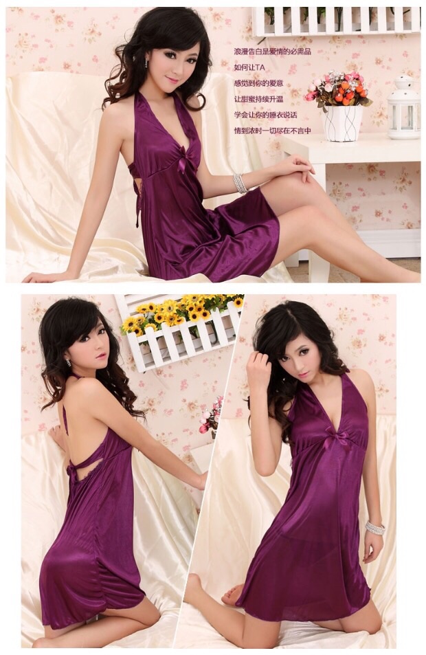 ชุดนอนเซ็กซี่ ชุดนอน ซาติน คล้องคอ สีม่วง แต่งริบบิ้นกลางอก ด้านหลังติดระบาย และแต่งเว้าหลัง พร้อมเชือกมัด เพิ่มลูกเล่นเก๋ๆ ให้กับชุดคะ + G string เข้าชุดคะ