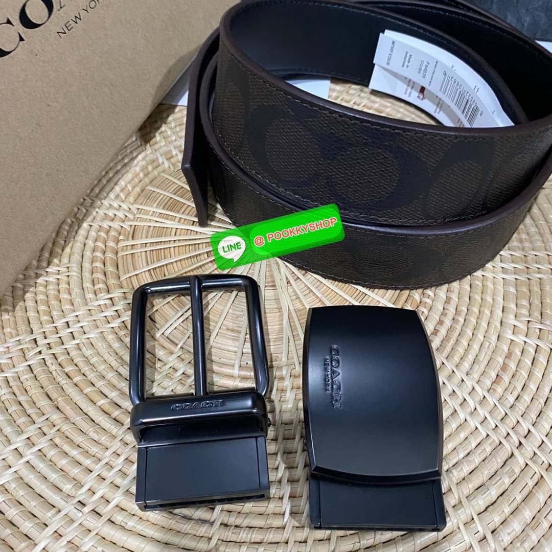 Coach Men’s Belt Double Buckle Double Sided Box Set Belt For Gift Coach Set เข็มขัดสำหรับผู้ชาย ภายในเซทมีสายเข็มขัด วัสดุ PVC 1 เส้น และ หัวเข็มขัด 2 แบบ2สไตล์ หัวเข็มขัดปั้มแบรนด์ รุ่นนี้สามารถหมุนกลับด้านสลับใช้งานง่ายทั้ง2ด้าน สายเข็มขัดปรับระดับได้เจ